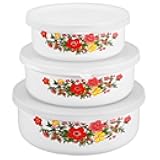 Cabilock Floral Enamel Bowl Lids 3-piece Vintage Enamel Nesting Bowl Set Lids for Family Serving Easy Clean Surface