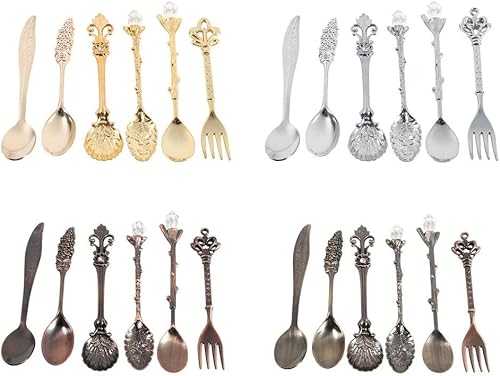 Miniatura 4 de Exquisito juego de tenedores y cucharas retro, cubiertos tallados nostálgicos estilo real para frutas, café, pasteles, postres, aperitivos dulces,