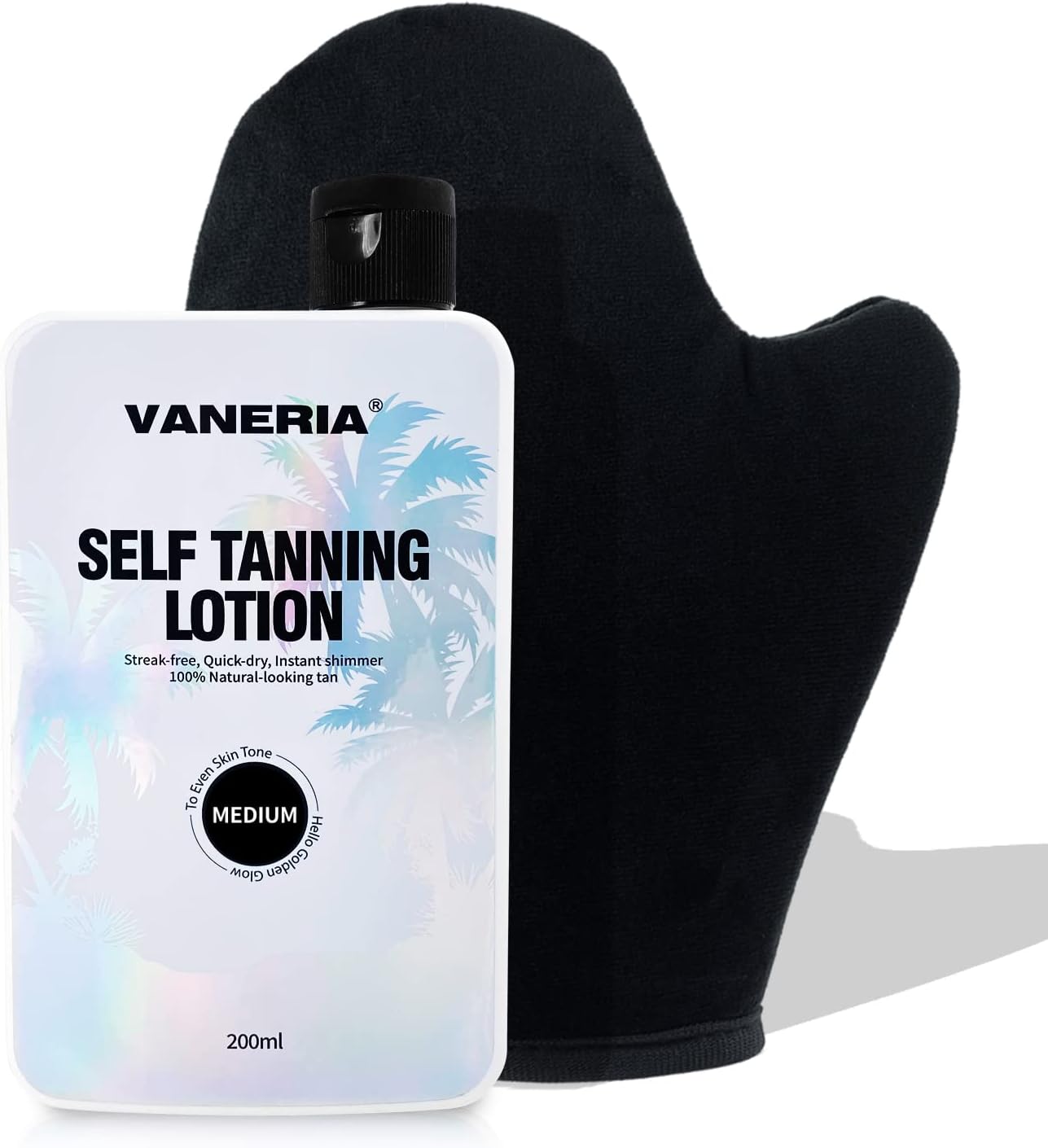 VANERIA Self Tan Lotion, Light Brown/Medium Brown/Dark Brown Sunless Tanning Mitt Applicator, Light, Hydrating Sunless Tanning Lotion, Vegan and Cruelty Free. 200ml (Medium)