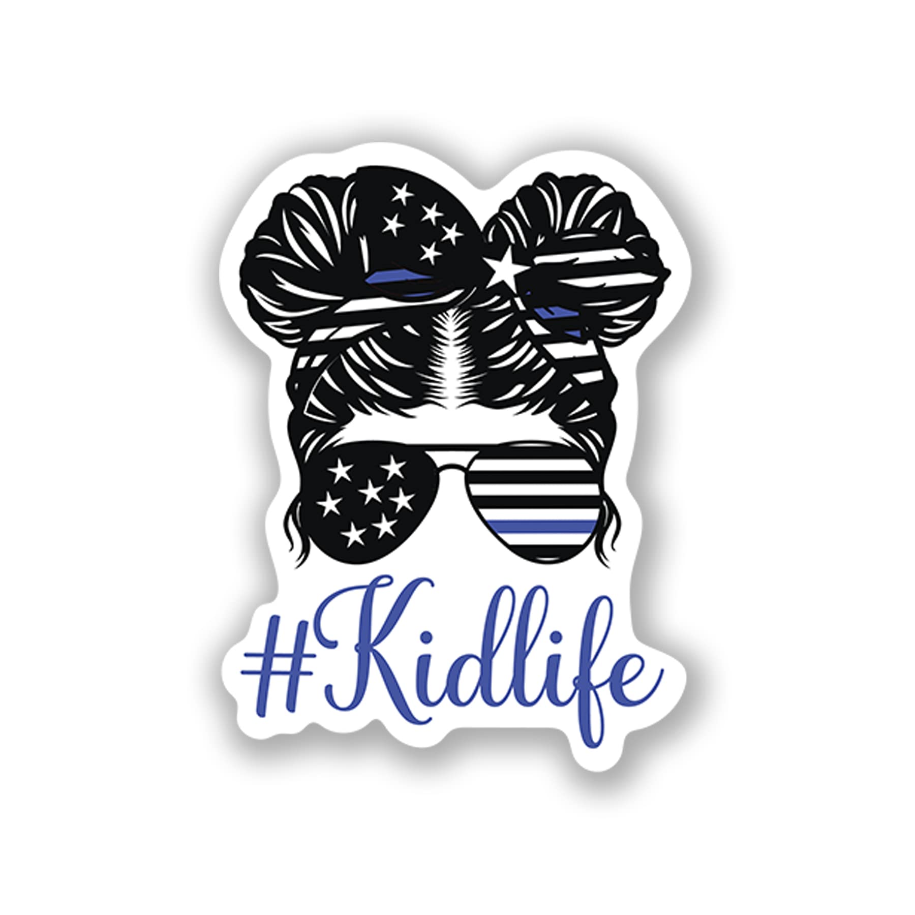 Check6#KIDLIFE-MESSY BUNS-POLICE OFFICER-THIN BLUE LINE-BACK THE BLUE-BOY,GIRL,WOMAN,DAD-AMERICAN FLAG-SUNGLASSES-VINYL DECAL STICKERS-CAR,TRUCK,VAN,SUV,WINDOW,WALL,CUP,LAPTOP-TWO 5 INCH DECALS-STARS-(2PACK)-S10017