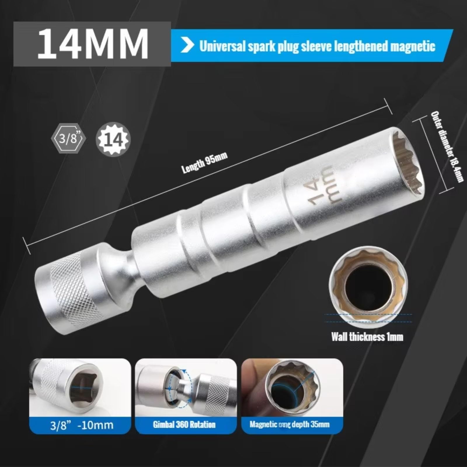 Juego De Adaptador De Llave Enchufe para Bujía Coche Junta Universal con Herramienta Reparación Pared Delgada Flexible Y Magnética Juego de Llave para Bujías