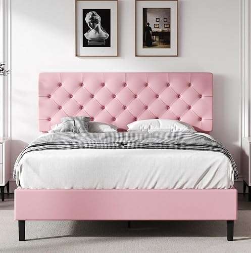 Miniatura 13 de Marco de cama matrimonial con cabecero, plataforma tapizada de piel sintética, marco de cama negro tamaño matrimonial, soporte de listones de Negro