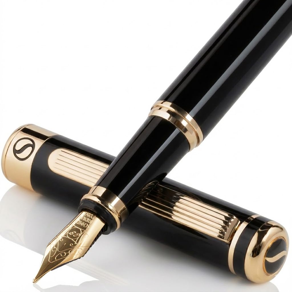Scriveiner Black Lacquer Fountain Pen - Stunning Luxury Pen, Real Gold Plating, Schmidt Gilded Nib (Extra Fine), Best Pen Gift Set for Men & Women, Professional, Executive, Office, Nice Pens