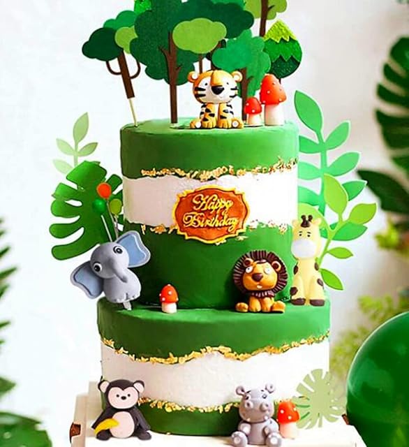 JeVenis Safari Animals Cake Decoration Elephant Cake Decoration Jungle Animals Cake Decoration Wild One Cake Decoration Palm Leaves Cake Decoration Giraffe Cake Decoration