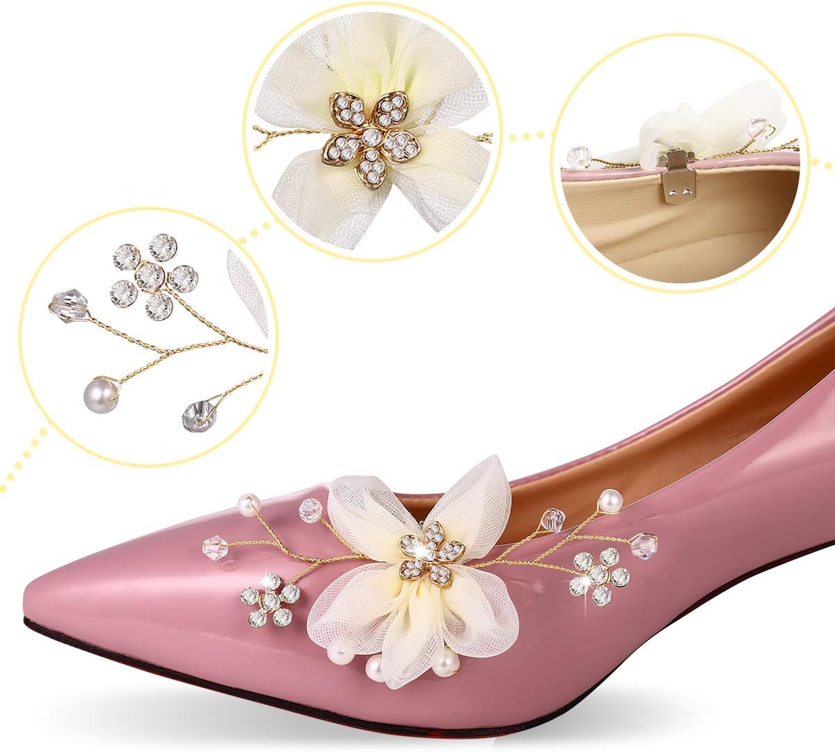 Amosfun Shoe Clips Clip Pearl Shoes for Pumps Rhinestone Jewelry Shoe Buckle Fashion Charming White Flower Shoe Accessories Shoe Decoration for Women Party Wedding Bridal Shoe Clips