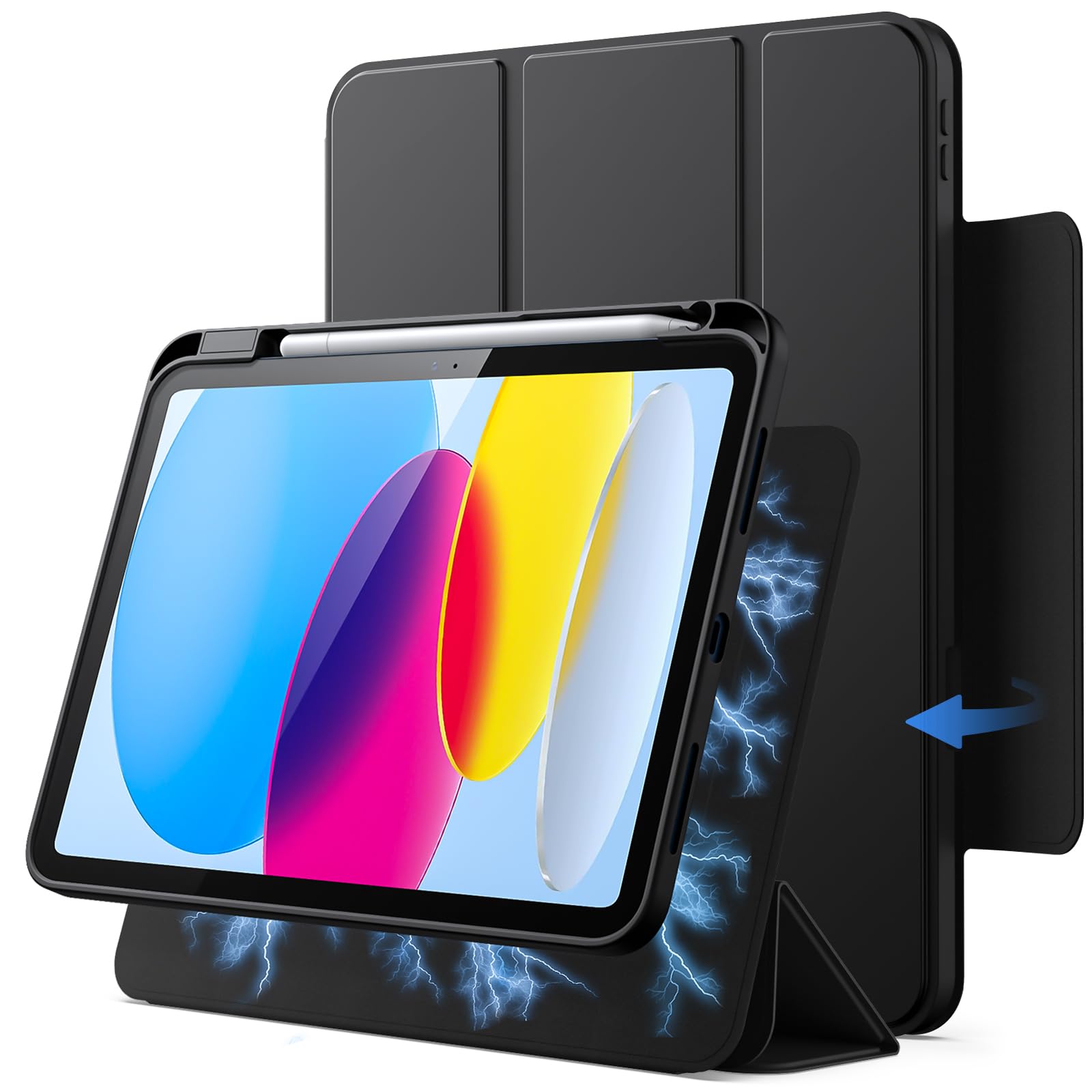 JETech Magnetische Abnehmbare Hülle für iPad (A16) 11./10. Generation (2025/2022) mit Stifthalter, Entfernbar Drehbare Klar Abdeckung, Hochformat/Querformat Ständer (Schwarz)