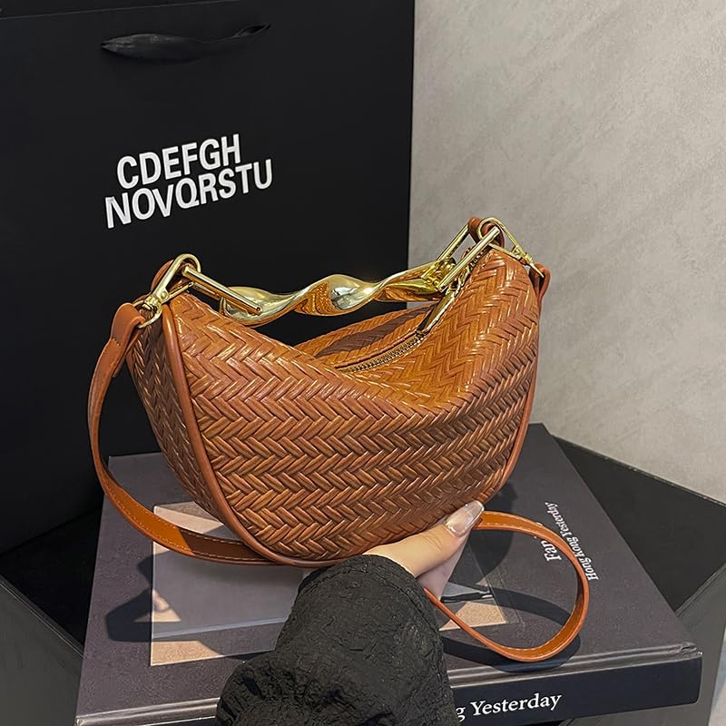 Straw Shoulder Bag Fashion Woven Handbag with Metal Handle for Women (Coffee)4
