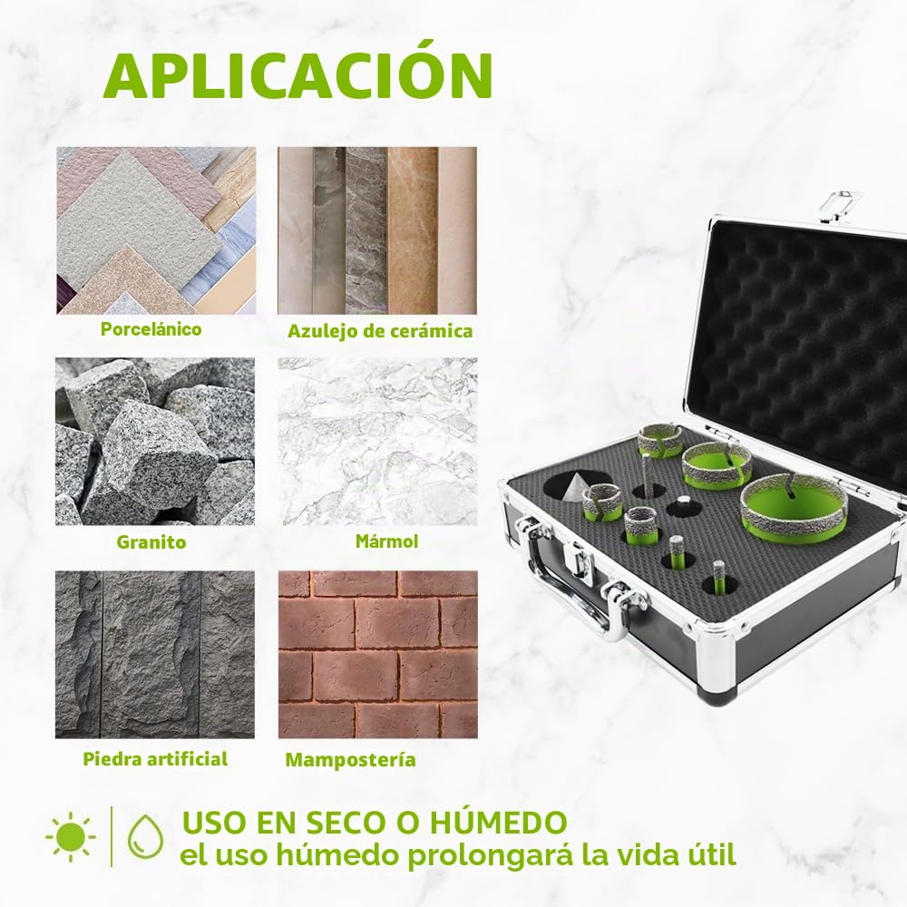 Brocas de Diamante 6/8/20/25/35/50/68MM 10 Piezas/Juego y 6-25mm and 50mm Fresa y Adaptador para Perforación en Seco Porcelana Azulejo Granito Mármol