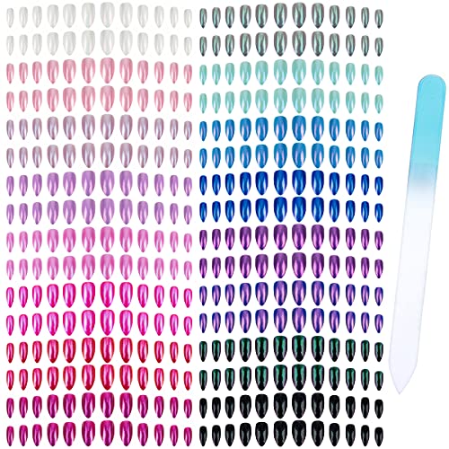 editTime 384pcs Solid Colors Glossy Acrylic Ballerina Coffin False Nails Full Cover Fake Nails Tips Natural Medium False Naill Tips Faux Ongles with a Crystal Nail File (Magic Mirror Powder)