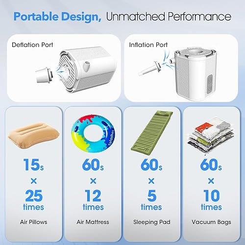 Miniatura 4 de Pequeña bomba de colchón de aire, bomba de aire portátil para inflables con luz de campamento, bomba de aire eléctrica de 3.8 kPa con 1600 mAh para