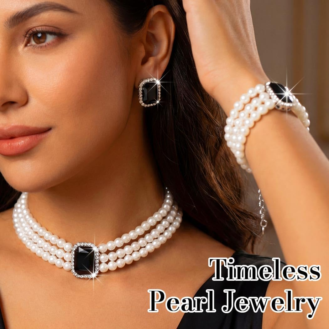 Brishow Pearl Necklace Jewelry Set Wedding Pearls Earrings Necklaces Set Bridal Crystal Bracelet Jewelry for Women (Pack of 3)