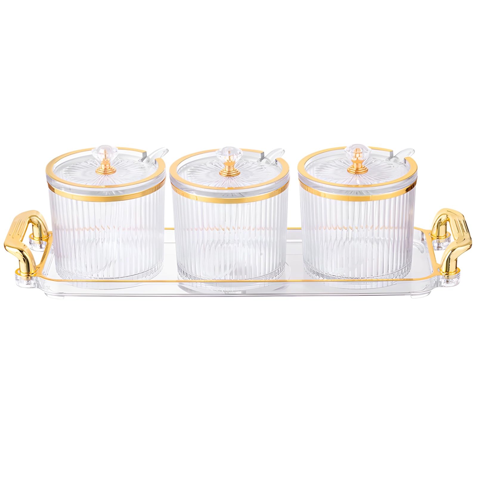 Ensemble organisateur d'assaisonnements de cuisine, 3 pots à épices avec couvercles, cuillères et plateau de service, boîtes à condiments en plastique transparent, pour sel, paprika, sucre