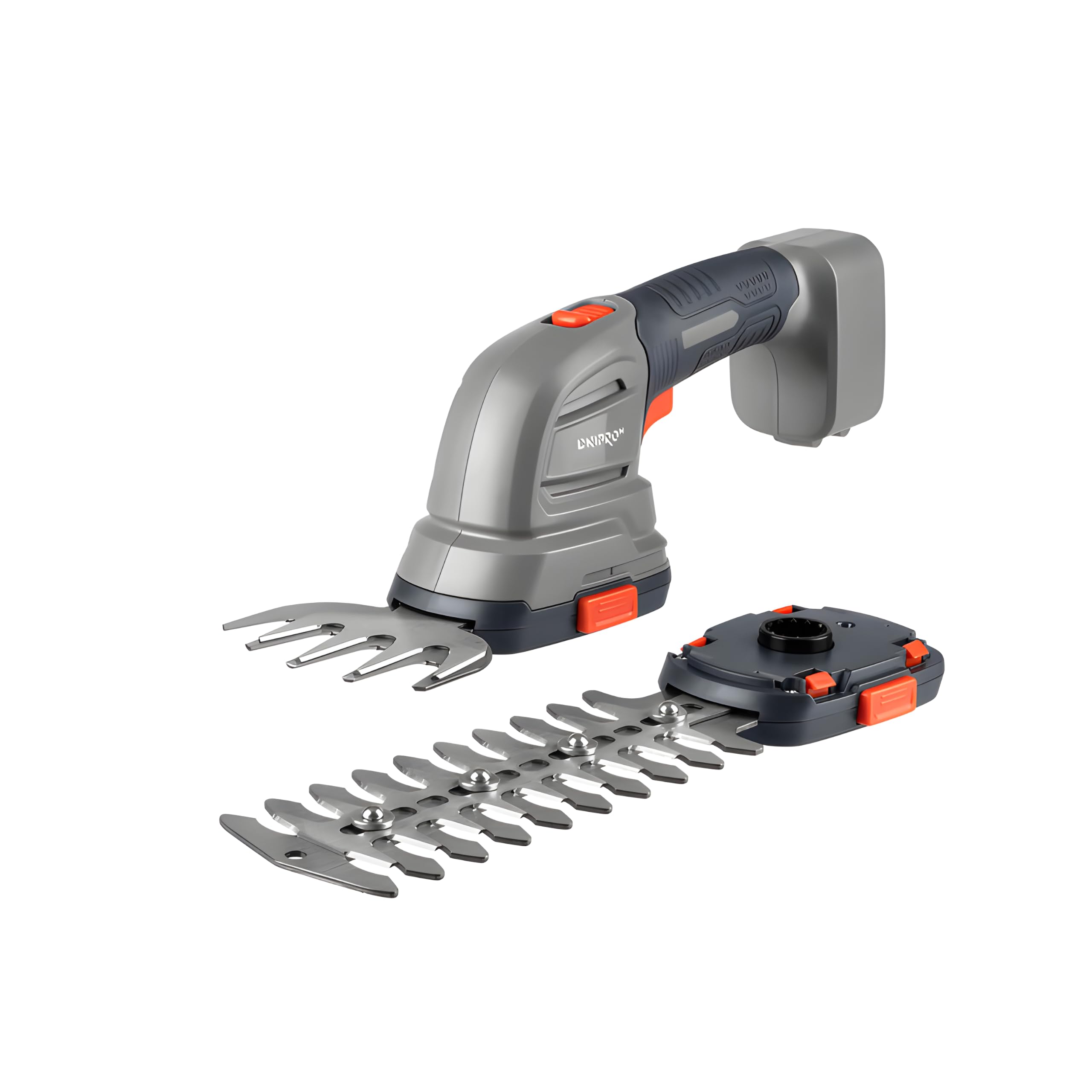 Tijeras de Jardín Inalámbricas GS-72 con Batería de 7,2V Li-Ion y 2 Cabezales Intercambiables - Cortacésped y Cortasetos sin Herramientas a 1300 RPM con Fundas Protectoras Incluidas - por Dnipro-M