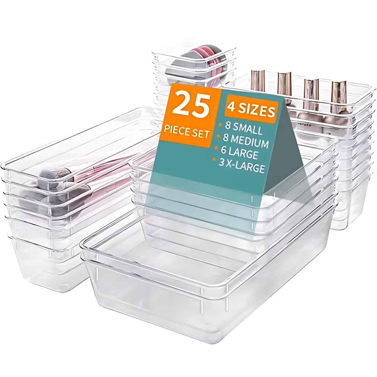 LUMOZA 25 PCs Clear Drawer Organizer Tray Set 4 Sizes of Makeup Drawer Organize Acrylic Organizer Bins for Jewelry Kitchen Gadgets and Office Supplies