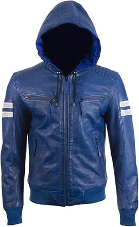 Aviatrix Mens Real Leather Slim Fit Fashion Jacket With Hood And Stripes 2VQ9