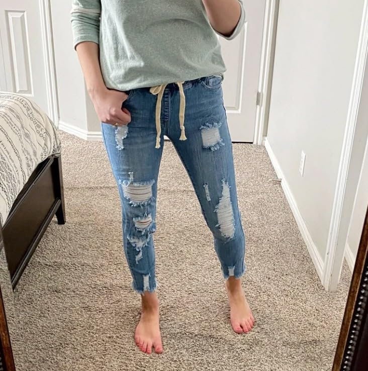 High Waisted Ripped Hole Elastic Waist Boyfriend Jeans for Women, with Pockets3