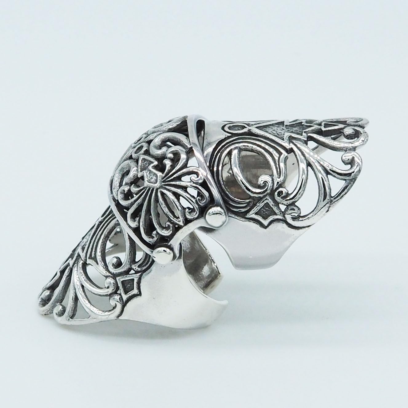 Gothic Full Finger Armor 925 Sterling Silver Filigree Victorian Knuckle Articulated Claw Ring with Flexible Joints, Cosplay & Gothic Jewelry
