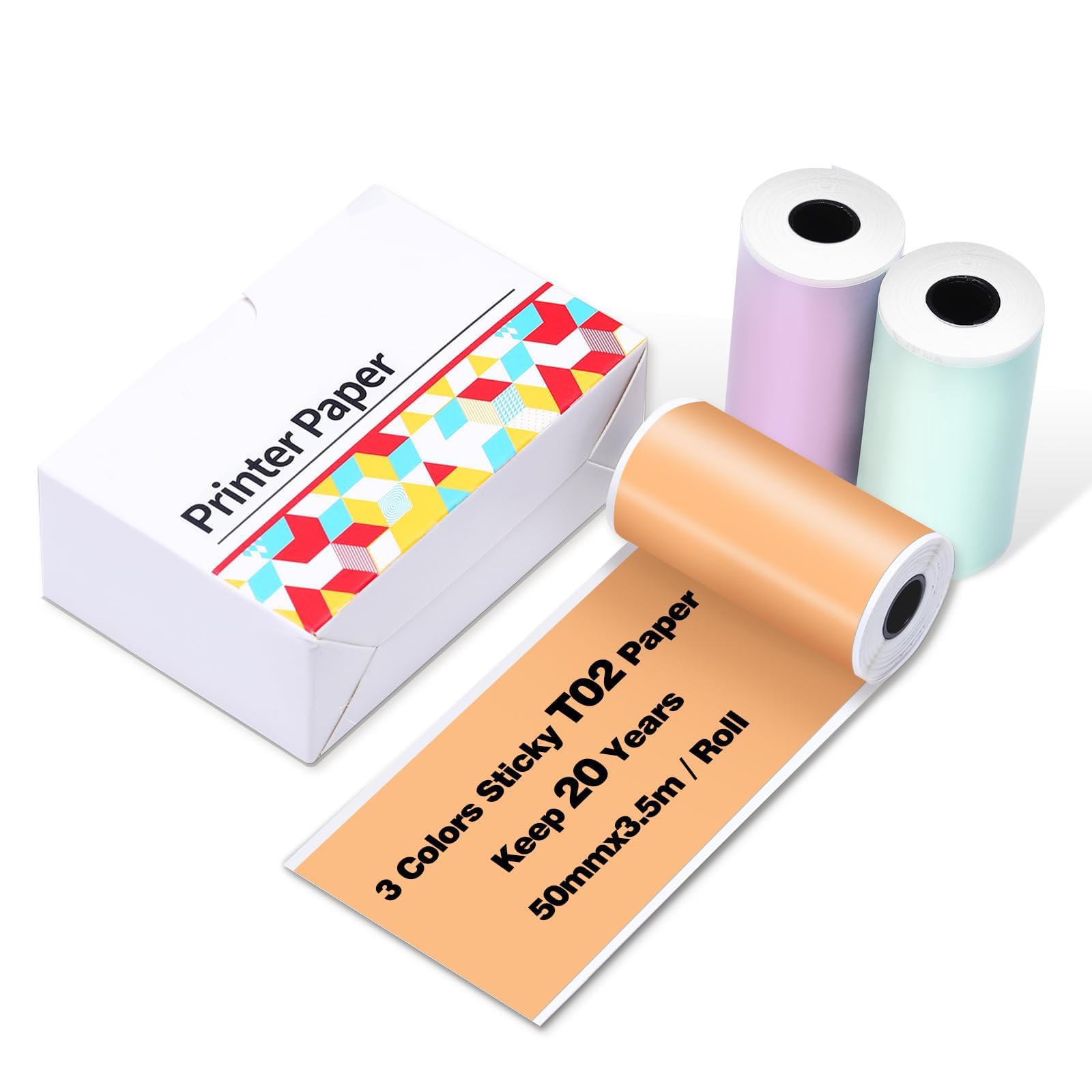Ponek Purple/Green/Orange Thermal Paper, 20-Year Sticky 50mmx3.5m Mini Printer Paper for Journal, Photos, Texts, Study Notes and More, 3 Rolls,
