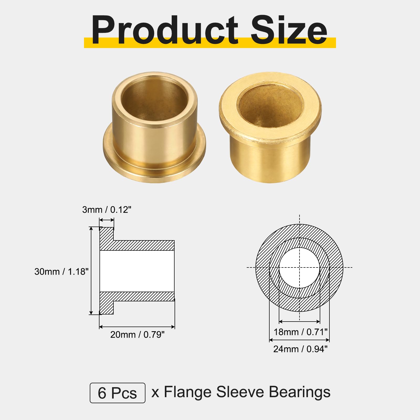 sourcing map Lot de 6 roulements à manchon à bride, alésage de 18 mm x 24 mm de diamètre extérieur x 20 mm de longueur, bagues auto-lubrifiantes en bronze fritté