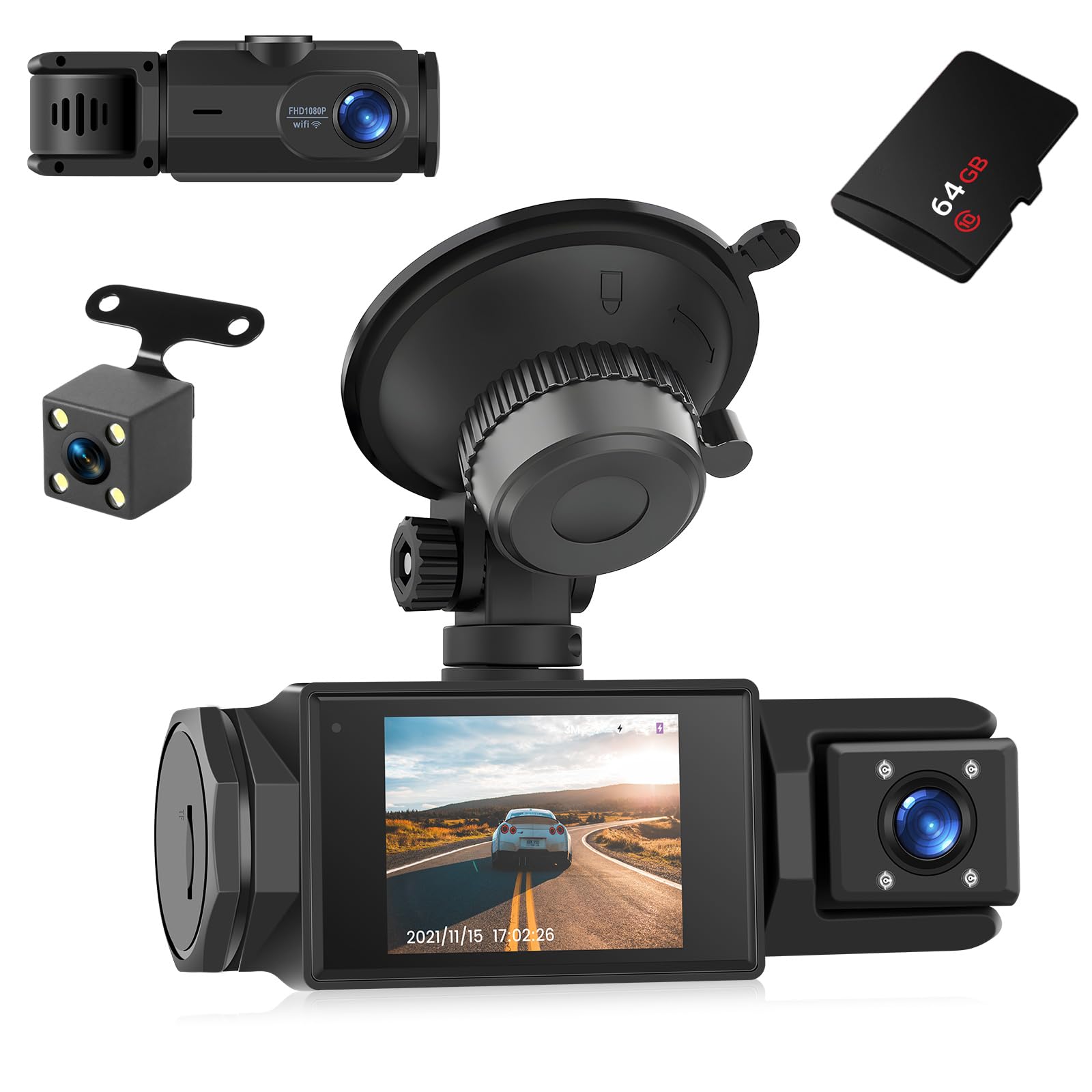 NHOPEEW 3 Canales Dah CAM 1080P con Pantalla de 2 Pulgadas - WiFi Dashcam Delantera y Trasera en el Interior - Grabación en Bucle Visión Nocturna Detección de Montion