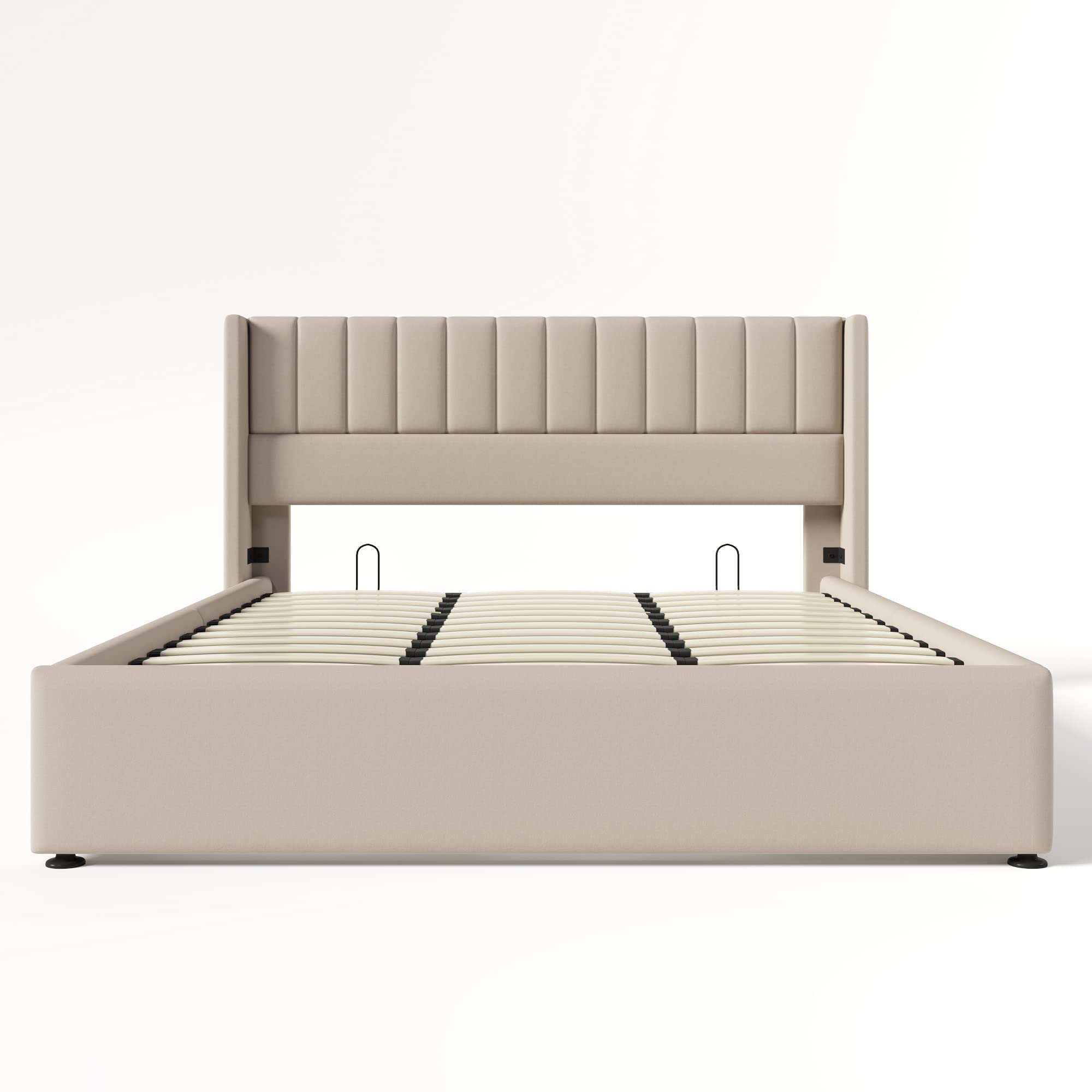 Merax Polsterbett 180 x 200cm, Hydraulisch Doppelbett mit Lattenrost & Bettkasten, Stauraumbett mit Kopfteil, Metallrahmen, Leinen, für Erwachsene & Jugendliche, ohne Matratze, Beige-Streifen
