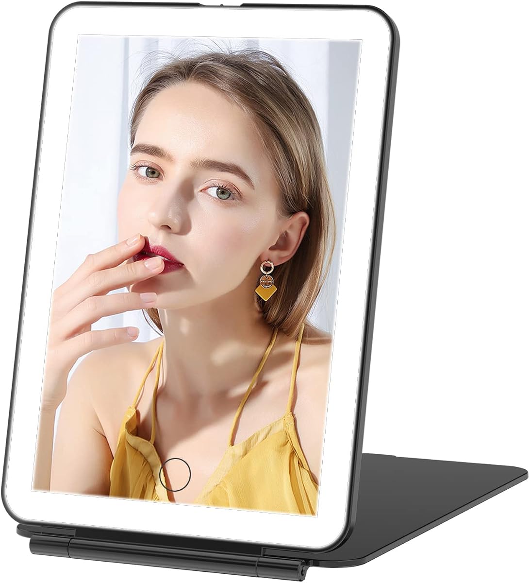FUNTOUCH Espejo de maquillaje de viaje recargable con 72 luces LED portátil | Espejo de belleza iluminado, iluminación de 3 colores, pantalla táctil regulable, espejo de tocador cosmético plegable LED de mesa