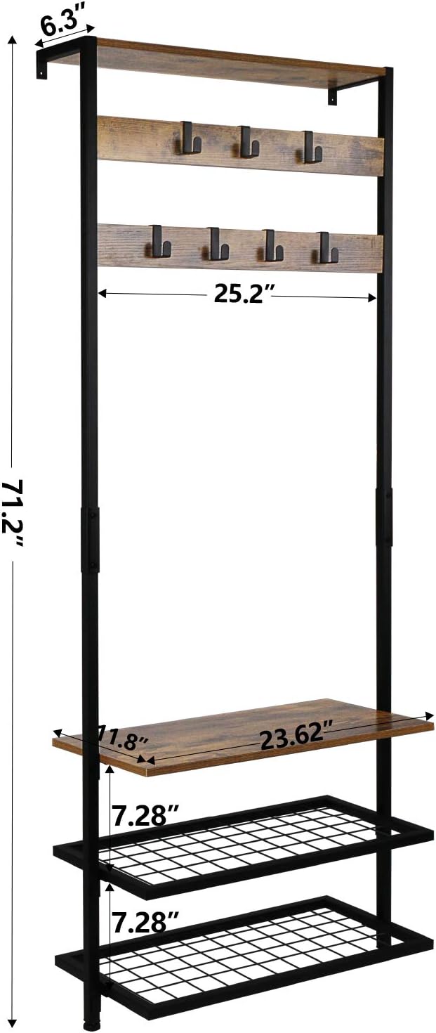 Leopard Hall Tree, Entryway Coat Rack, Against the Wall Narrow Hall Trees with Shoe Racks, Storage Shelf Organizer, Accent Furniture with Metal Frame, Rustic Brown