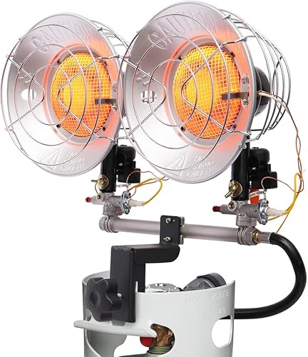 Camplux - Calentador de tanque de propano para exteriores, con interruptor de inclinación para garaje, campamento, caza, doble quemador, acero