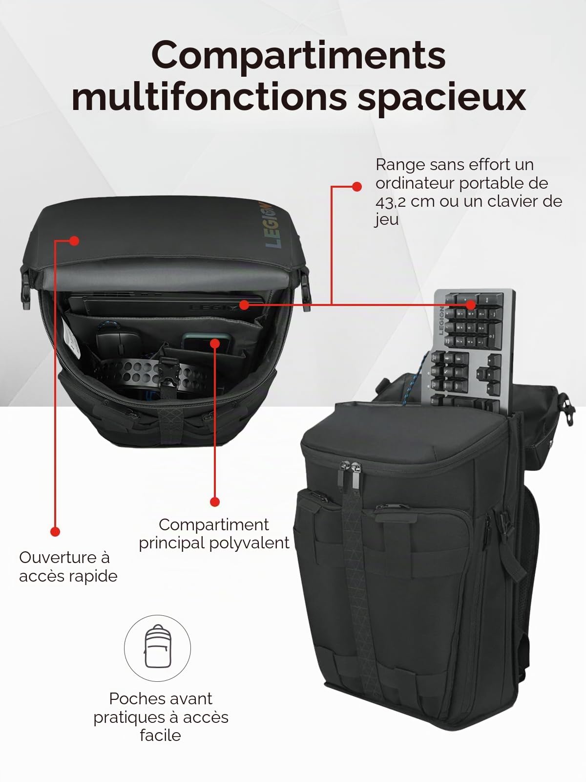 Lenovo Legion Sacoche pour ordinateur de jeu, protection double couche, poches de rangement dédiées