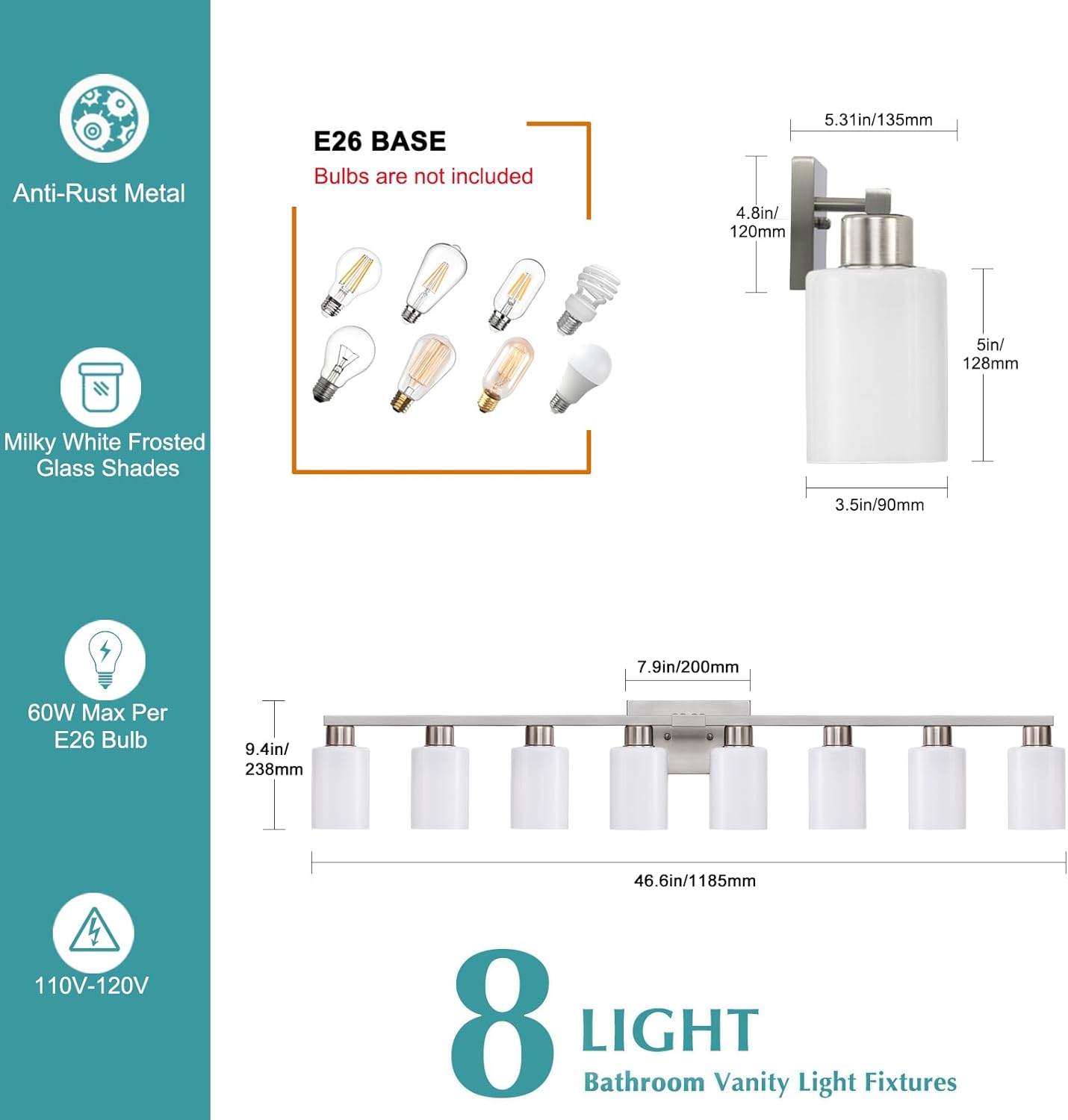 8-Light Bathroom Vanity Light Brushed Nickel Bathroom Light Fixtures 8 Light Vanity Lights for Wide Mirrors Nickel 8-Light Long Wall Sconce with Milky White Frosted Glass Shades for Bath Living Room