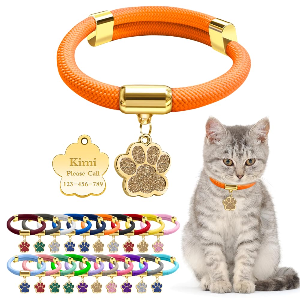 Personalized Breakaway Cat Collars with Magnetic Quick Release Buckle, Custom Engraved Name Tag for Cats (Pure Orange)