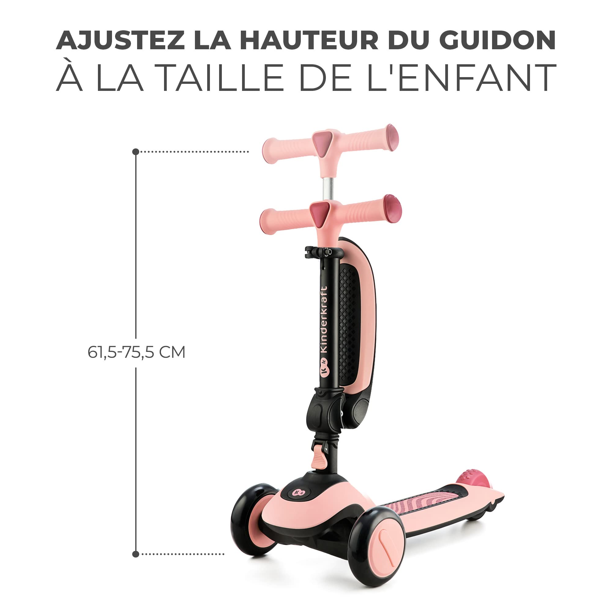 Kinderkraft Halley, Trottinette, Draisienne, Patinette, Scooter, Multifonctionnel, Moderne, Trois Roues, Réglable, LED Roues, Frein, 2 Ans jusqu'à 50 kg, Rose