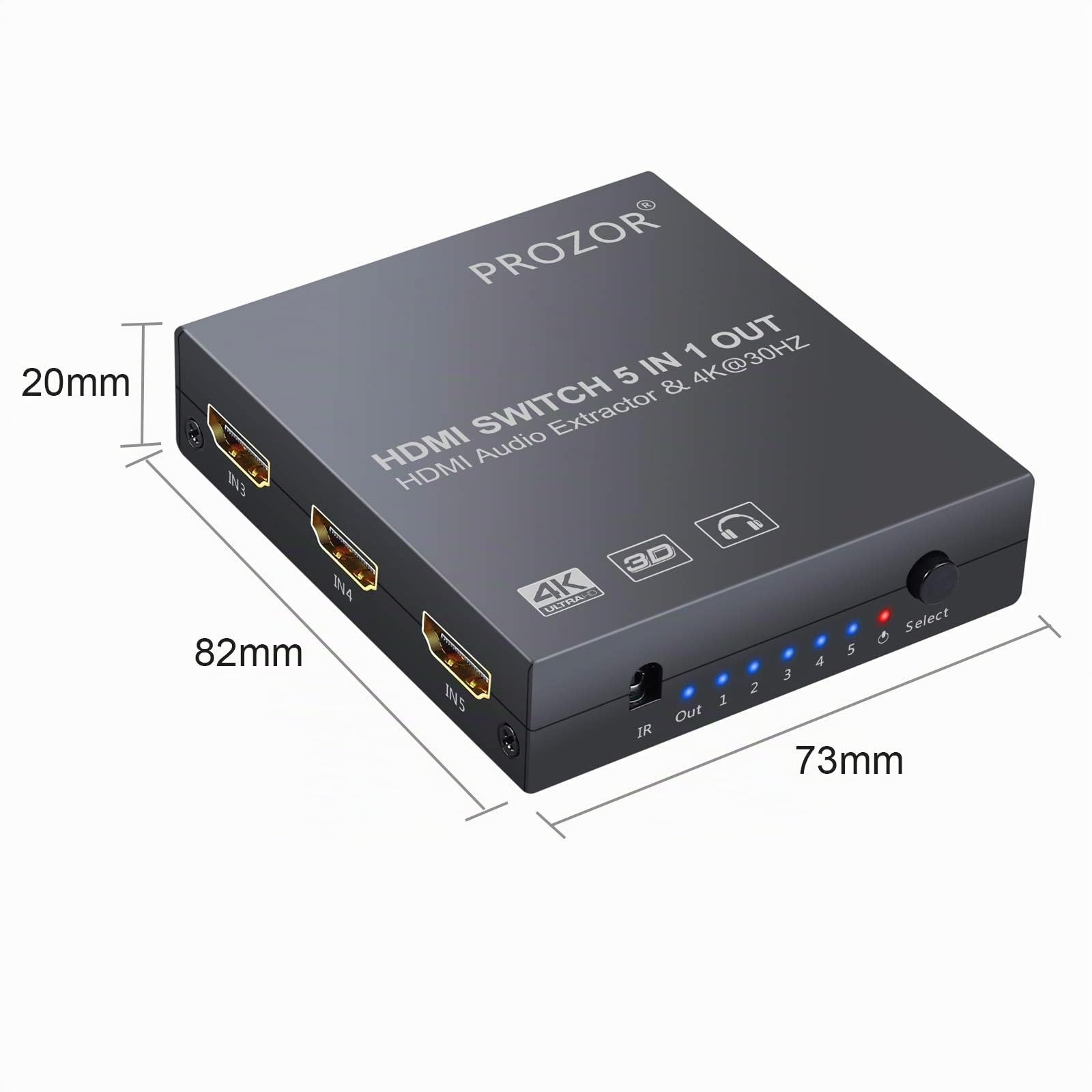 PROZOR HDMI Switch Audio Konverter 4K 3D Umschalter mit Audio Extraktor 5x1 mit IR-Fernbedienung 3 Fuß HDMI 1.4-Kabel
