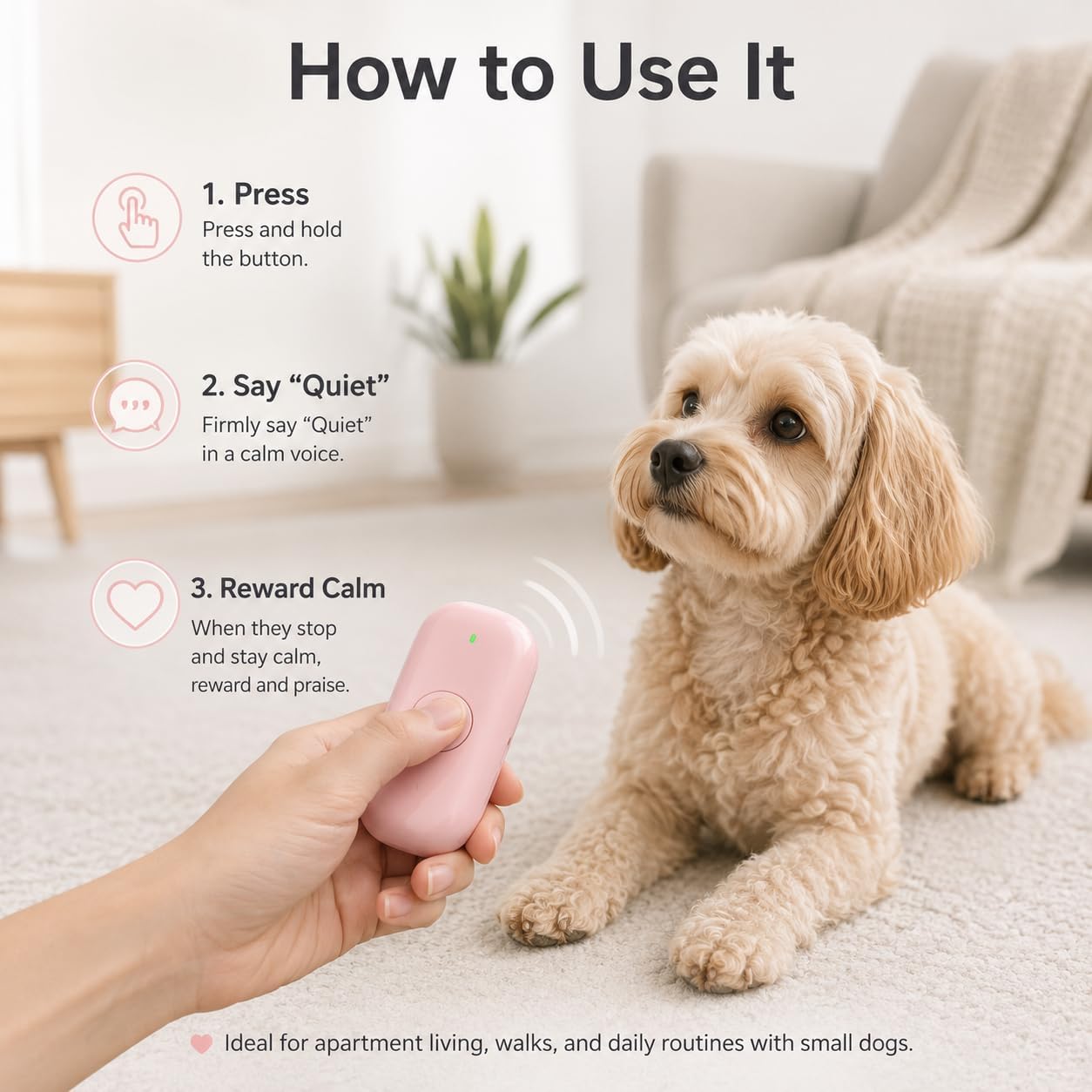 Ultrasonic Bark Deterrent Device for Small Dogs – 25kHz Gentle Frequency, 50ft Range, Rechargeable Manual Trainer, Pain-Free Training & Behavior Aid for Indoor/Outdoor Use（Pink）