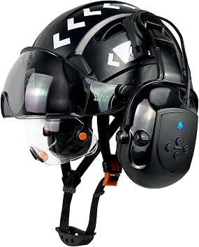 SAFEBUILDER Safety Helmet with Visor Bluetooth Ear Muffs SNR 26dB Hard Hat with Visors Mounted Ear muff Hardhats Vented ANSI Z89.1 OSHA
