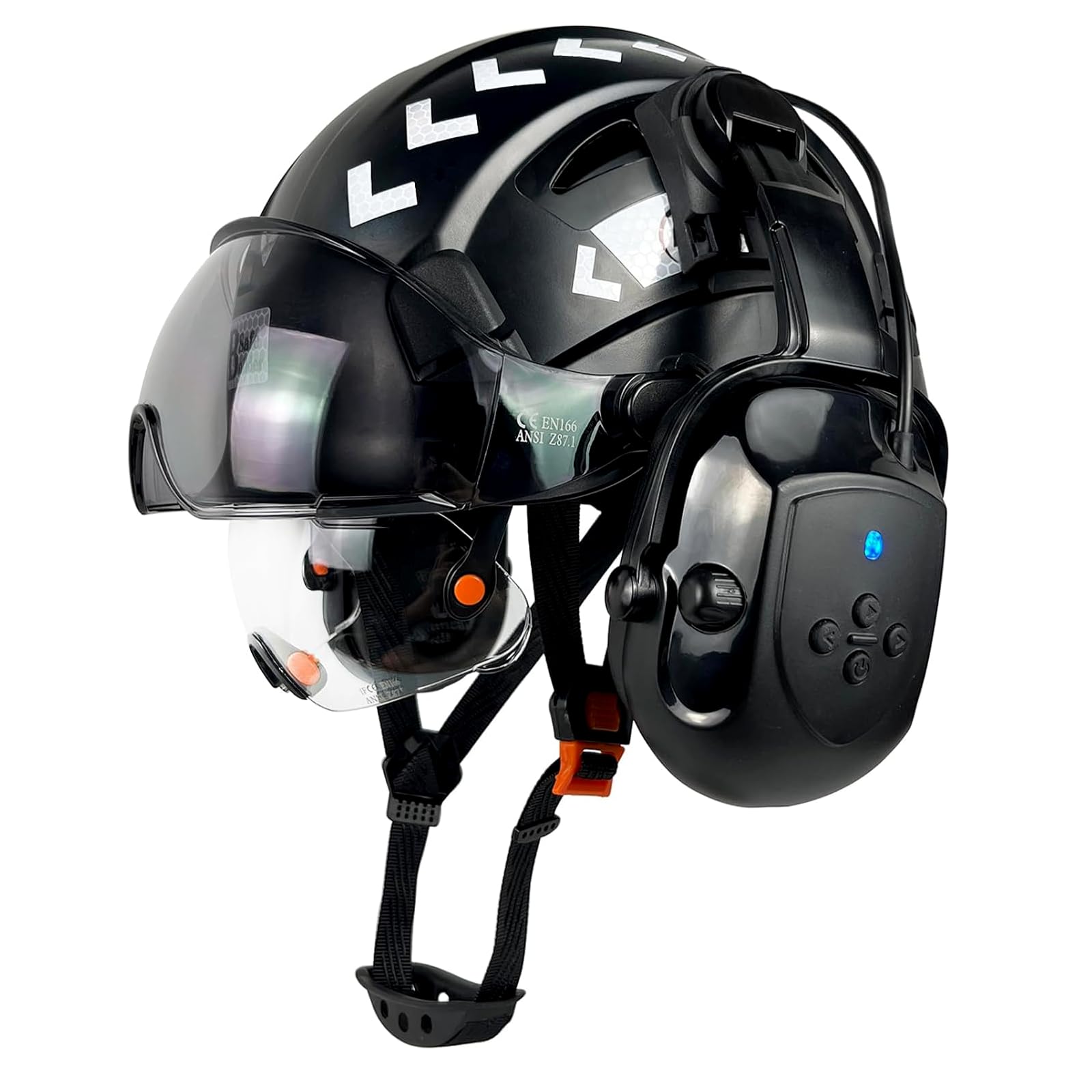 SAFEBUILDER Casco de seguridad con visera Bluetooth SNR 26dB casco duro con viseras montadas, orejeras ventiladas ANSI Z89.1