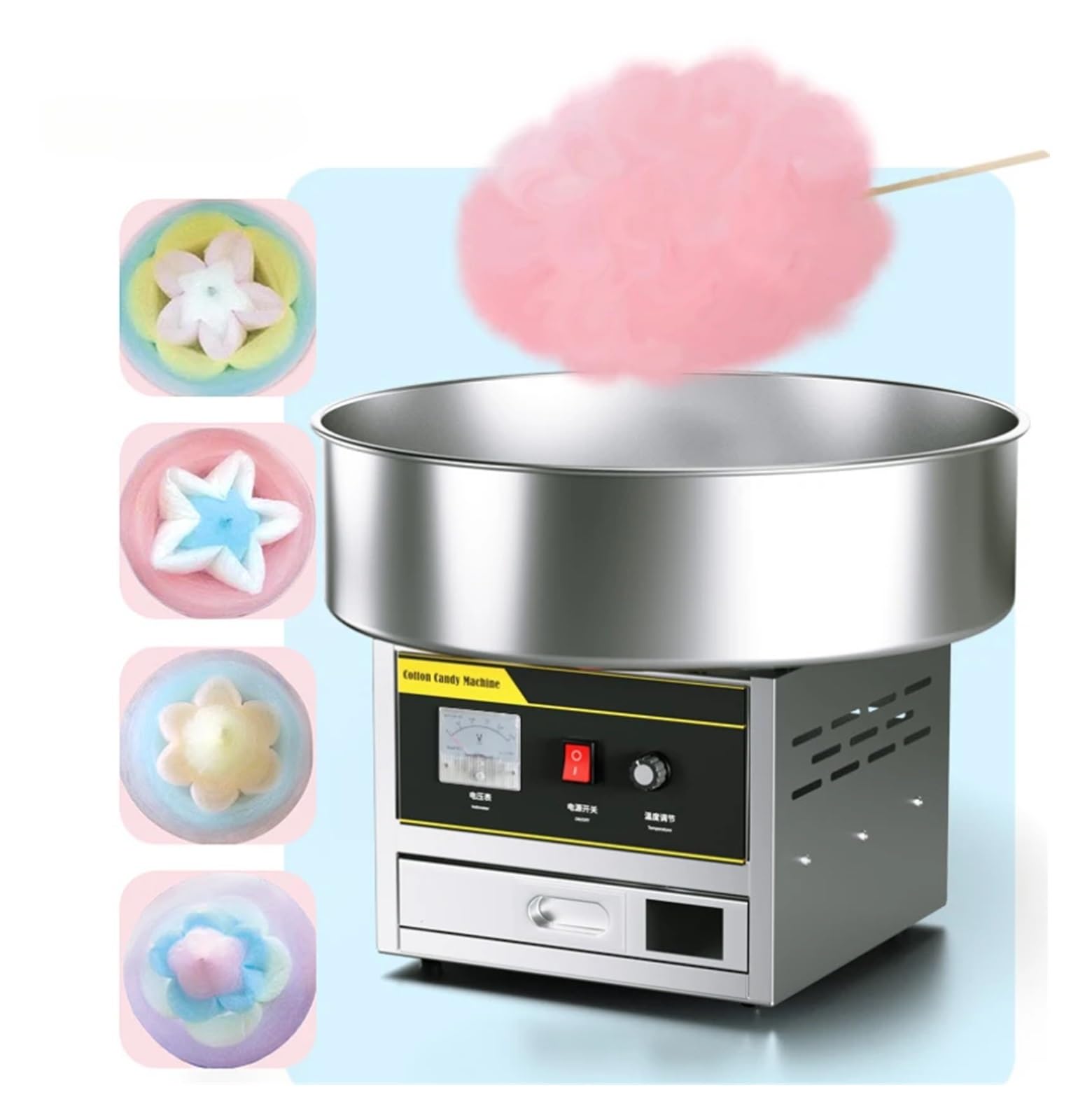 Máquina de algodón de azúcar, máquina comercial totalmente automática eléctrica for producir algodón de azúcar pequeño con dibujos de colores.