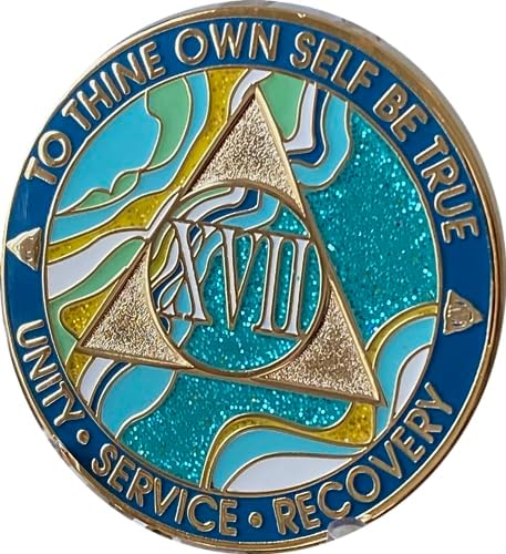RecoveryChip 17 Year AA Sobriety Medallion - Elegant Marble Caribbean Aqua Glitter & Gold Recovery Chip - 17 Years Alcoholics Anonymous Anniversary Coin Token Gift image 4