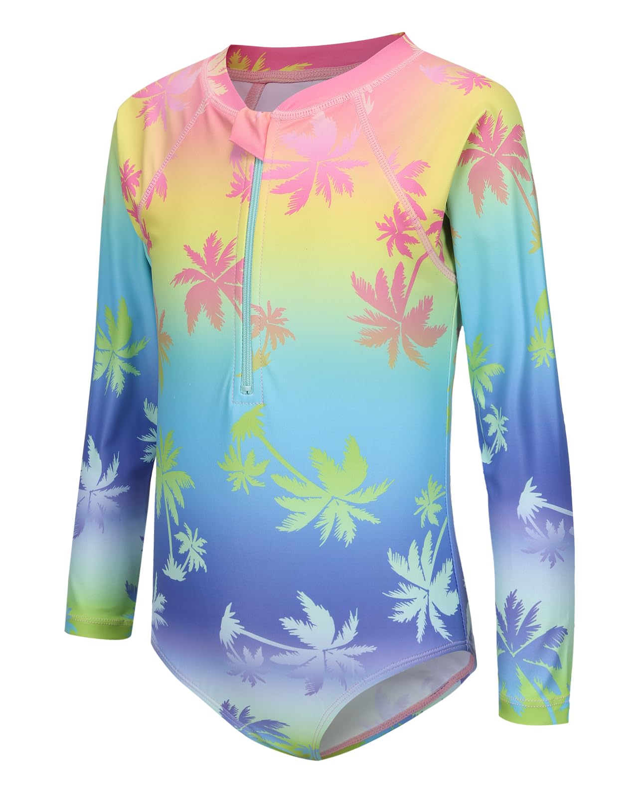 Girls Long Sleeve Rash Guard One Piece Swimsuit Kids UPF 50+ Sun Protection Swimwear Rainbow Striped Bathing Suit 3-14 Years