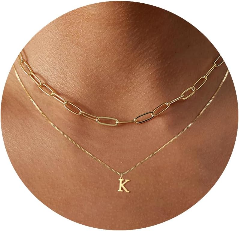 KDIZIGold Initial Necklaces for Women Girls,Dainty 14K Real Gold Plated Letter Necklace Small Initial Pendant Choker Necklace Paperclip Layered Necklace Stack Name Necklace Trendy Jewelry Gift