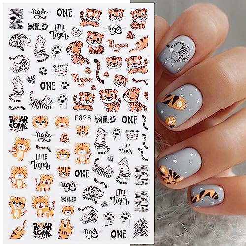 Vezocim Tiger Nail Art Sticker Decals, 3D Cartoon Animal Tiger Nail Self-Adhesive Sticker Designs, Fun Nail Transfer Decal Acrylic Supplies for Women & Girls Manicure Tips Decorations