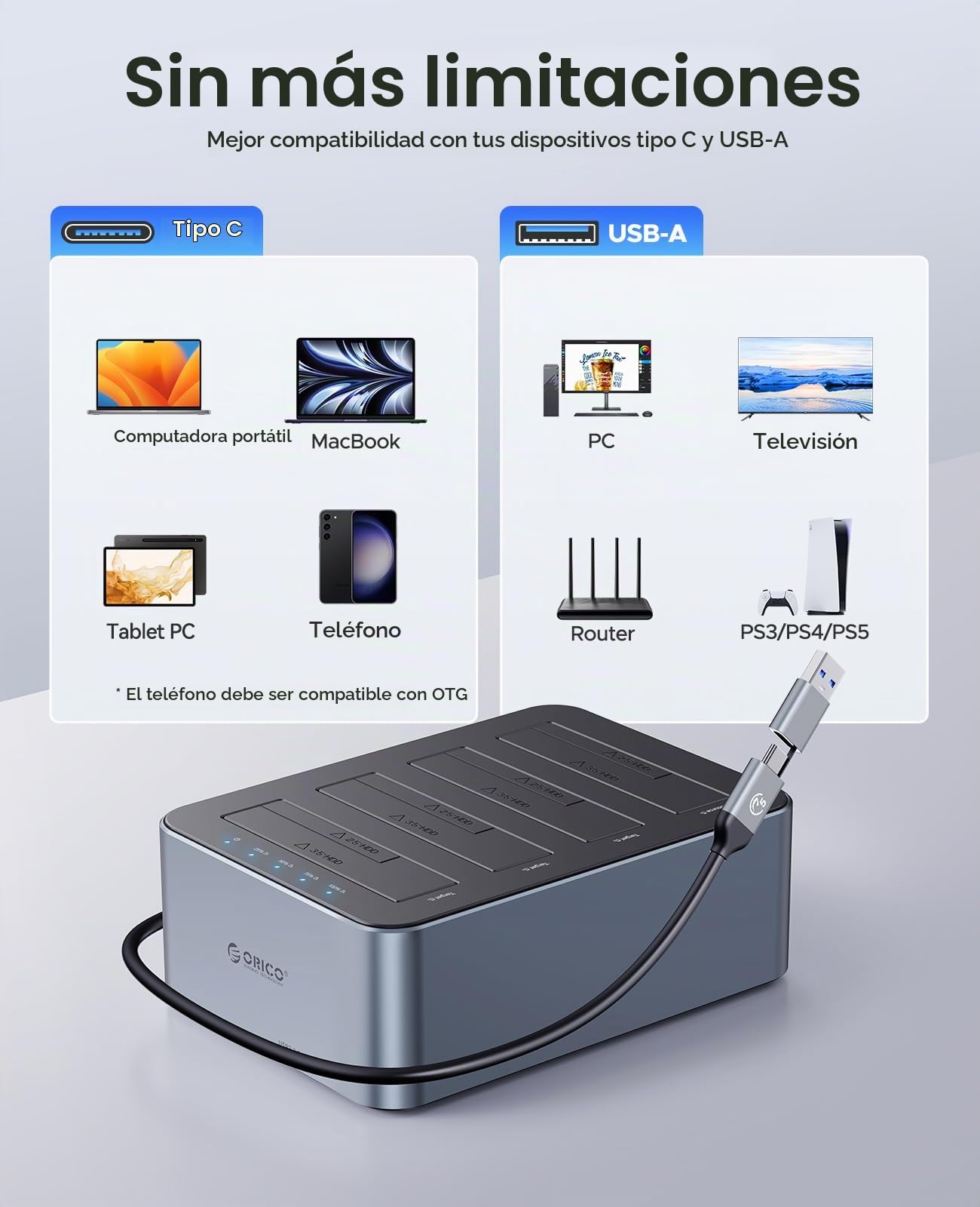 ORICO Base de Carga para Disco Duro de 4 bahías, USB 3.2 Gen 1 para SATA 2,5/3,5 Pulgadas SSD/HDD hasta 4 x 20 TB, clonación Offline, Fuente de alimentación de 12 V/6,5 A (6646C3-C)