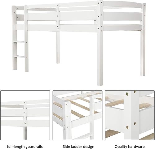 Miniatura 5 de CITYLIGHT Cama alta baja tamaño individual, cama alta de madera blanca junior con escalera, MDF y marco de pino, capacidad de 200 libras, no