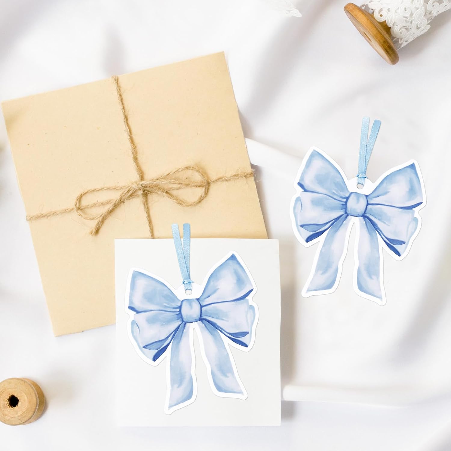 JarThenaAMCS 100Pcs Blue Bow Gift Tags Something Blue Paper Hanging Label Tags with Silk Rope String Coquette Bow Wrap Accessories for Birthday Wedding Baby Shower Thanks Party Favor Supplies image 5