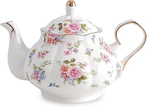 Miniatura 9 de Tetera de cerámica de flores, tetera de porcelana de 22 onzas para té, café, leche para oficina, hogar, hombres y mujeres como regalo (flores Flores