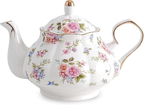 Agyiuns Flower Ceramic Teapot,22oz Porcelain Tea pot for Tea Coffee Milk for Office Home Men Women as GiftWhite and small flowers