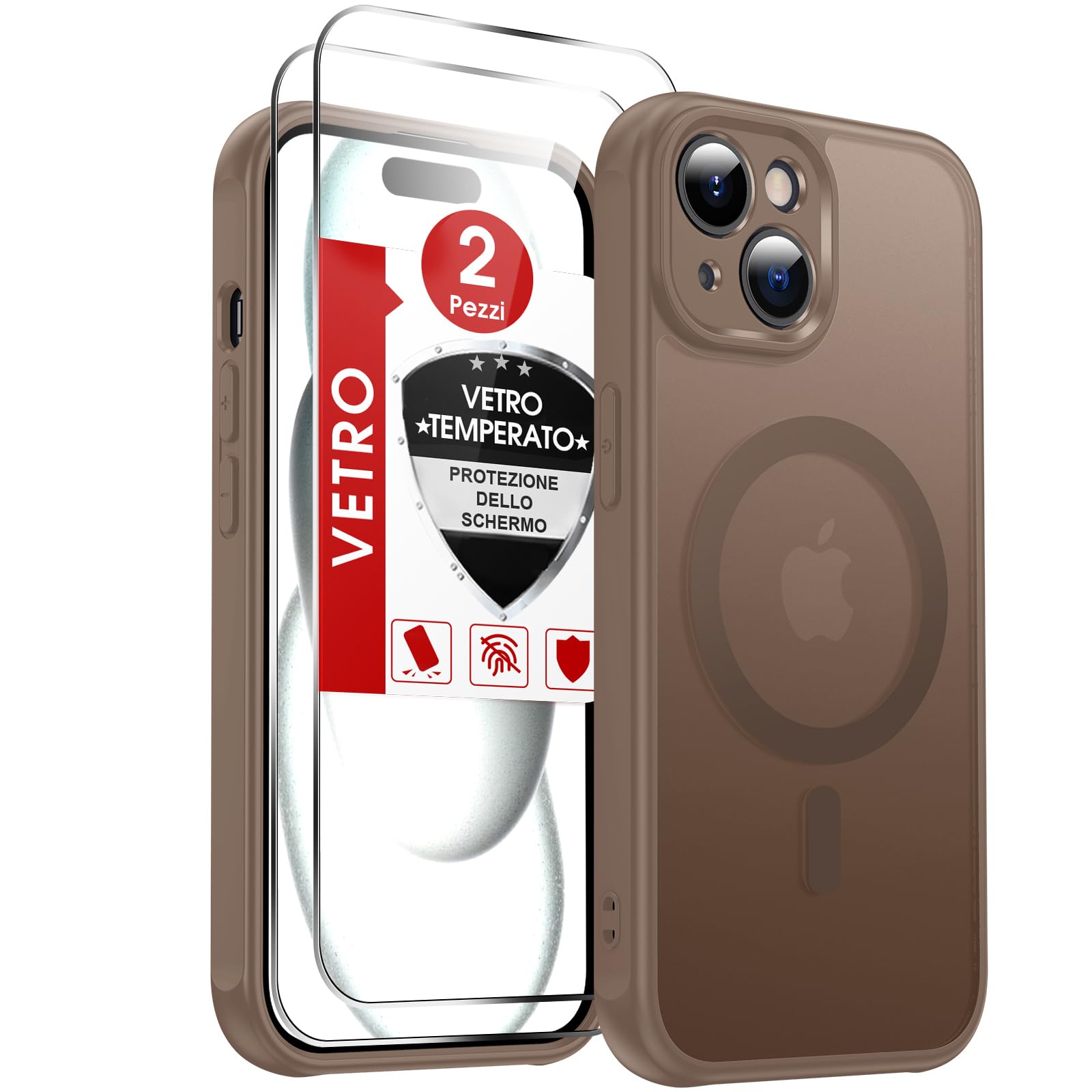 LeYi Cover Magnetica per iPhone 15 con 2 Pezzi Vetro Temperato, Custodia per iPhone 15 Traslucida Opaca Anti-Impronte Resistente ai Graffi Paraurti in TPU Antiurto Protettiva Case 6,1 Pollici, Marrone