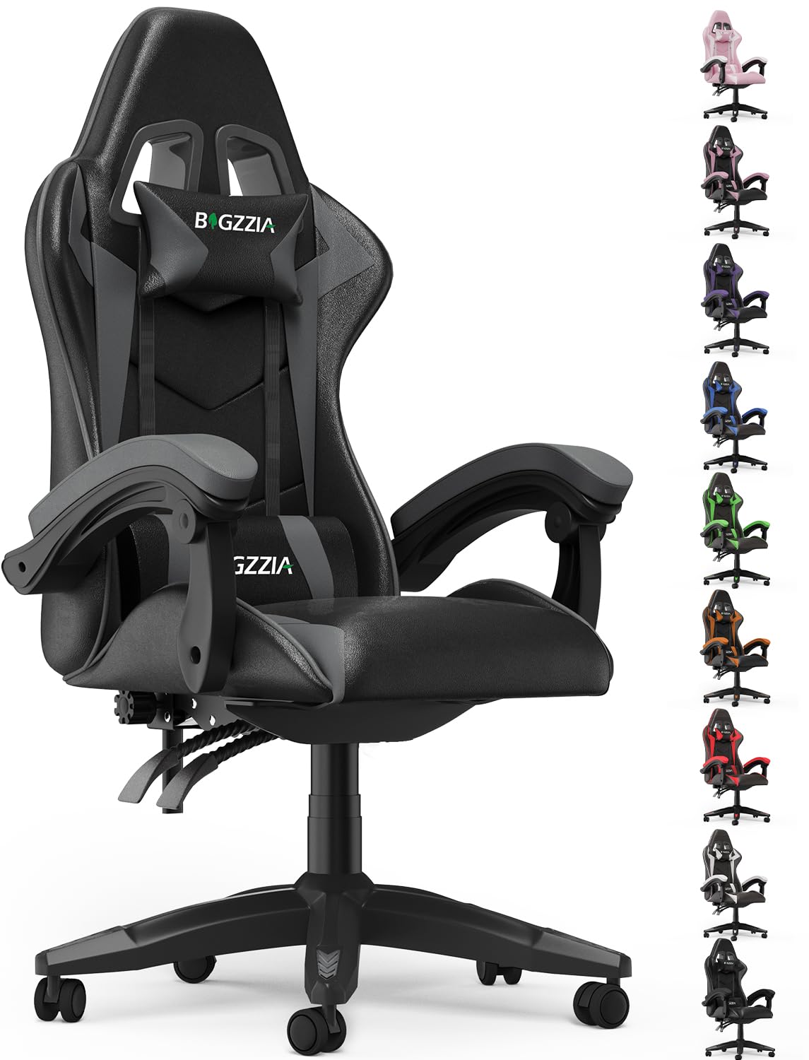 Bigzzia Gaming Stuhl Gaming Chair-Ergonomischer, 90-135° Rückenlehne Grau | PC-Stuhl mit Kopfstütze Lendenstütze, Gaming Sessel für Erwachsene, Mädchen und Jungen, Computerstuhl aus PU-Leder, ohne LED