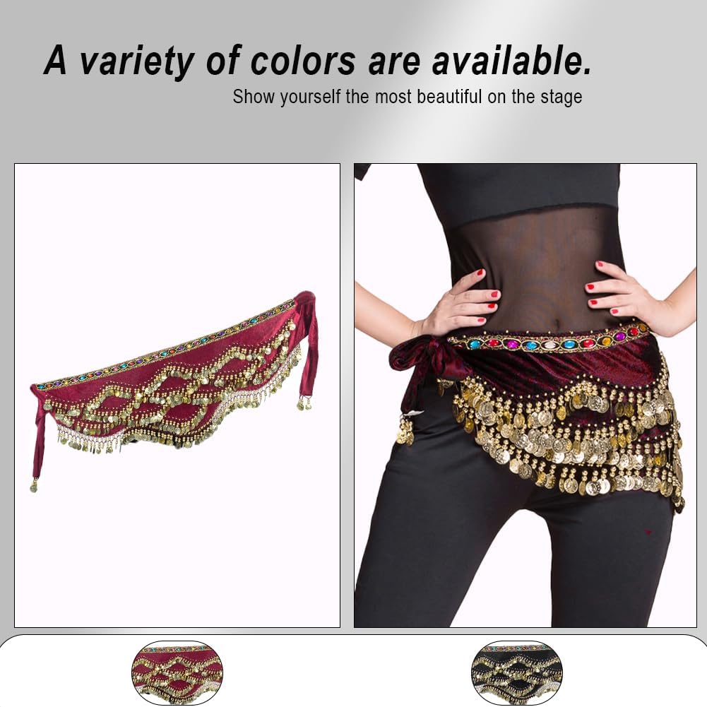 Women's Belly Dance Hip Scarves Performing Glittering Sequined Coins Velvet Belly Dance Hip Scarf