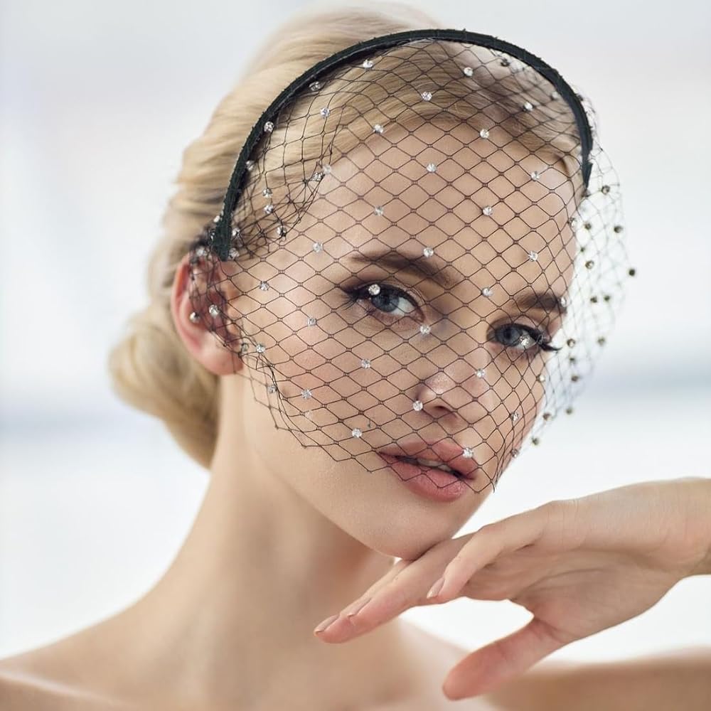Bandeau Voilette Noire Vintage Avec Strass - Style Années 1920 | Pour Mariage, Cocktail, Funérailles, Cosplay - Taille Unique